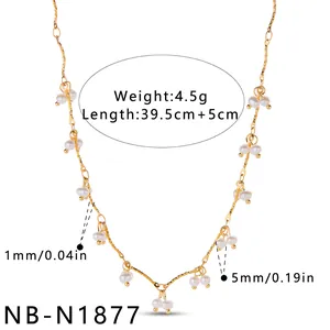 Detailed view of stainless steel pearl necklace with weight and length measurements.
