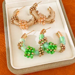 Pendientes de Botón de Cuentas de Vidrio en Forma de C Vintage Francés Con Poste de Plata Joyas Tejidas de Cuerda Colorida Para Mujer Regalo
