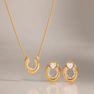 18K Vergoldet Edelstahl Hufeisen U-Form Zirkonia Halskette Herz Ohrstecker Set Designer Schmuck Für Damen