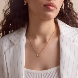 Model trägt elegantes 18K vergoldetes Hufeisen-Halsketten- und Ohrring-Set mit Zirkon