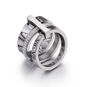 Luxe Roestvrij Staal Strass Gelaagde Bandring Romeinse Cijfers Uitgesneden Geometrisch Ring Voor Dames Heren Feest Sieraden Cadeau