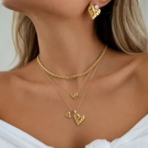 Stainless Steel Hammered Heart Pendant Necklace For Women 18K Gold Plated Evil Eye Pearl Link Chain Earrings Jewelry Set