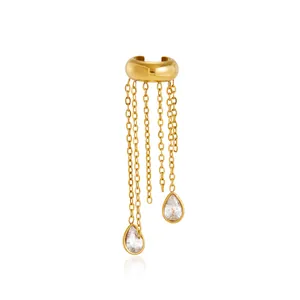 Elegant gold stainless steel tassel ear cuff featuring sparkling teardrop zirconia accents.