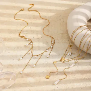 Elegante 18K vergoldete Titanstahl Y-Halskette mit Quasten, Perlen und Blumenanhängern