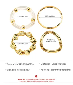 Dimensions and weight specs for the 4pcs irregular texture acrylic gold bracelet set.