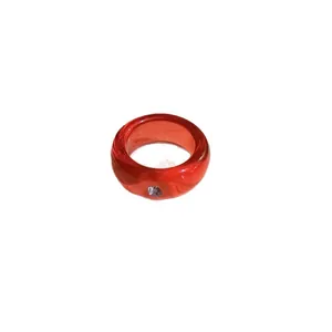 Minimalist red resin round ring with a sparkling embedded small diamond for women