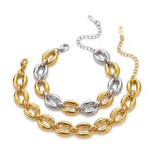 Detailed view of geometric chunky stainless steel bracelets in gold and silver finish