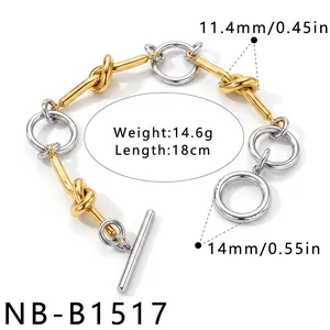 Detailed view of two-tone knotted stainless steel bracelet with exact measurements