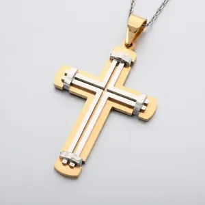 Collana con pendente a croce a doppio strato bicolore elegante in acciaio inox