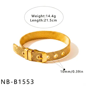 Detailansicht eines goldenen Edelstahl-Mesh-Armbands mit Angabe der Breite von 10 mm