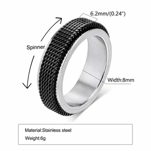Detailansicht eines drehbaren Mesh-Edelstahlrings mit Größen- und Materialangaben