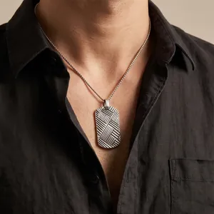 Mens titanium steel dog tag necklace with unique diagonal textured pattern design