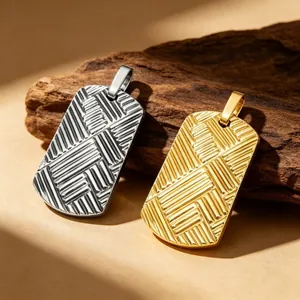Men's Stainless Steel Dog Tag Pendant Necklace 3D Cross Hatch Textured Military Style Industrial Workwear Pendant Jewelry