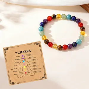 Detailed view of 8mm 7 Chakra beaded healing bracelet and descriptive gift card