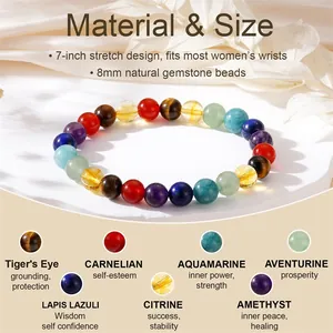 Information chart for 8mm natural gemstone healing bracelet showing 7-inch stretch design.