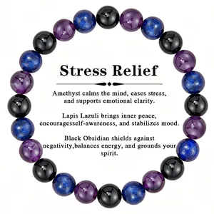 Healing beaded bracelet with amethyst, lapis lazuli, and obsidian for stress relief