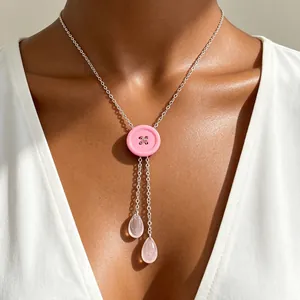 Roze macaron knop Y-vormige ketting met elegante druppel kwastjes aan zilveren ketting
