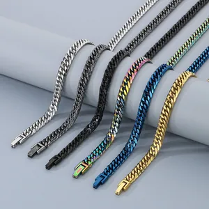 Necklace And Bracelet Stainless Steel Cuban Link Curb Chain Hip Hop Punk Jewelry For Men Six Sided Polished