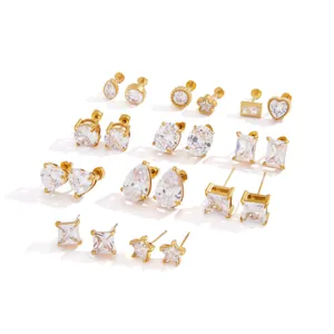 Gold-plated stainless steel stud earring set with sparkling cubic zirconia stones