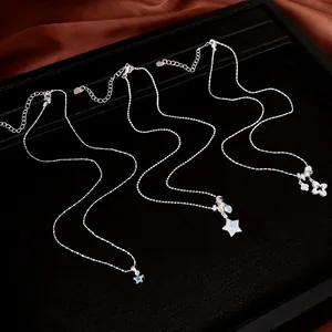 Conjunto de collares de cuentas de circón plateado con colgantes de estrella y flor