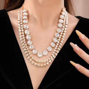 Luxury palace style multi-layer gold necklace with large circular rhinestone crystals