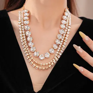 Detail view of a luxury multi-layer rhinestone necklace with shimmering round crystals
