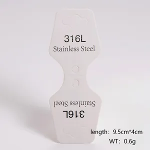 White folding jewelry display card with 316L Stainless Steel print and dimensions