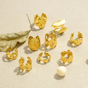 Gold-plated stainless steel non-pierced ear cuff set with various floral designs