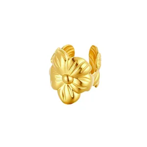 Gold stainless steel flower ear cuff for non-pierced ears, stylish jewelry