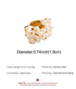 Detailed view of vintage stainless steel ring featuring cluster of white pearls with size