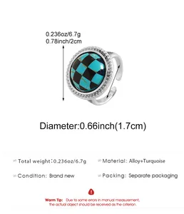 Detail view of bohemian turquoise checkered ring with size and weight specifications