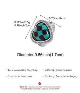 Detailed dimensions and specs of a retro heart ring with turquoise checkerboard pattern.