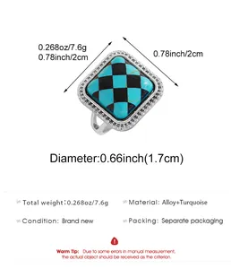 Detail of vintage bohemian square ring with turquoise checkerboard pattern and dimensions.