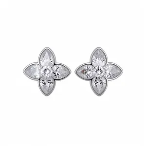 Elegant silver-toned clover flower stud earrings set with sparkling cubic zirconia