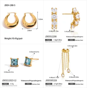 Detail view of various gold-plated stainless steel earrings with sizes and weights