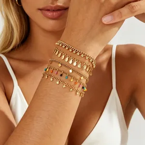 Bracelet Géométrique en Acier Inoxydable Plaqué Or 18K pour Femmes Pendentif Goutte d'Eau Losange Perles Rondes Bijoux de Mode en Acier Titane