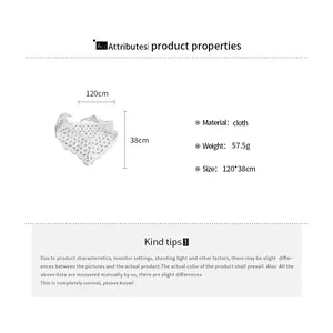 Detailed specification view of white crochet lace triangle scarf for women, size 120x38cm.