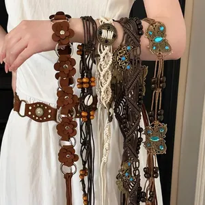 Bohemian Brown Woven Waist Chain For Women Vintage Ethnic Decorative Flower Butterfly Pendant Adjustable Accessory Belt