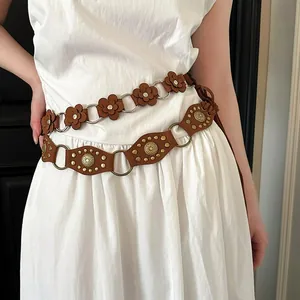 Bohemian brown leather floral and rivet waist chain belt set for women fashion accessory