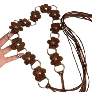 Boho brown floral waist chain belt with faux suede flower patches and long fringe