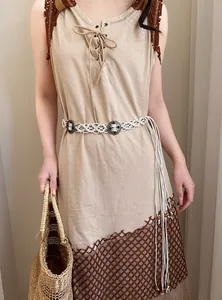 Bohemian ethnic style woven waist belt with tassels and vintage metal buckles for women