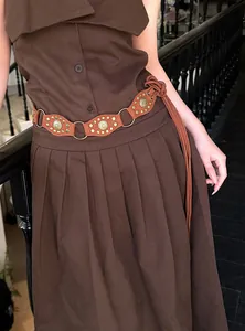 Bohemian brown braided belt with metal rings and studs for women Maillard style