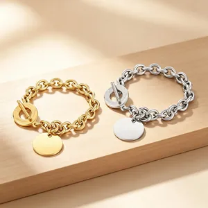 Polished stainless steel OT toggle chain bracelets with blank circular charms