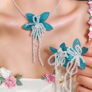 Exquisite French teal flower tassel necklace and earrings jewelry set for women