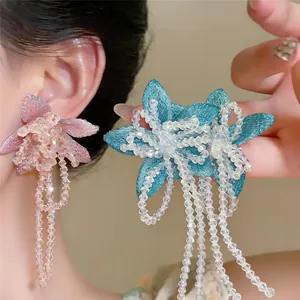 French Romantic Flower Tassel Fabric Embroidery Glass Bead Long Necklace And Stud Earrings For Women Elegant Sweet Accessory