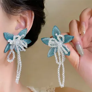 Elegant French flower stud earrings with hanging crystal bead tassels for a sweet look