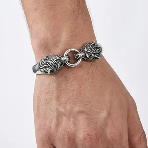 Vintage distressed stainless steel double wolf head cuff bracelet for men in punk style