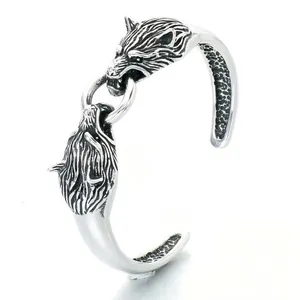 Vintage punk double wolf head stainless steel open cuff bracelet for men in silver finish