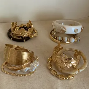 Vintage Gold Silver Tone Bangle Bracelet Set For Women Chunky Retro Alloy Resin Artificial Pearl Rhinestone Vacation Jewelry