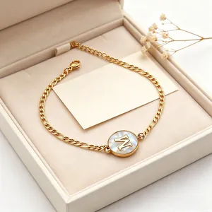 18K Gold Plated Stainless Steel Initial Bracelet For Women Mother Of Artificial Pearl Black Enamel Figaro Chain Round Jewelry